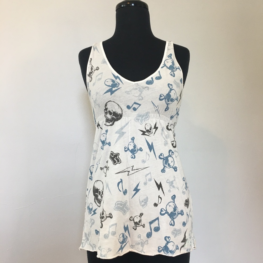 Y2K Fox Skull Print White Tank Top, S